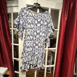 Jachs Girlfriend New York Blue & White Ikat Tie-Waist Ruffle Mini Dress